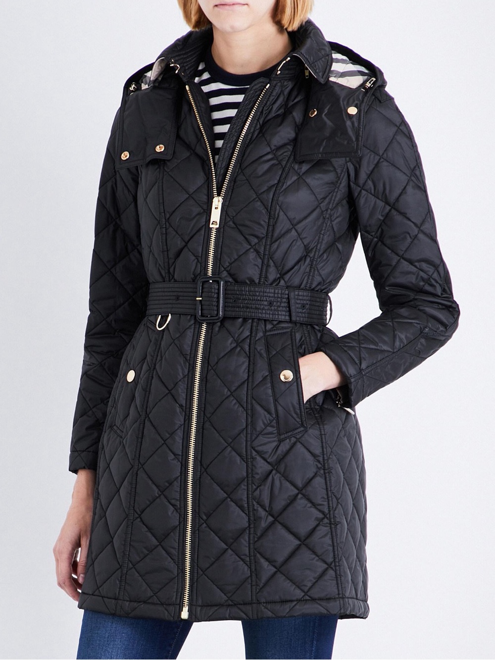 Burberry Baughton Diamond Quilted Waist Belt Long Winter Black Jacket Coat EUC M
